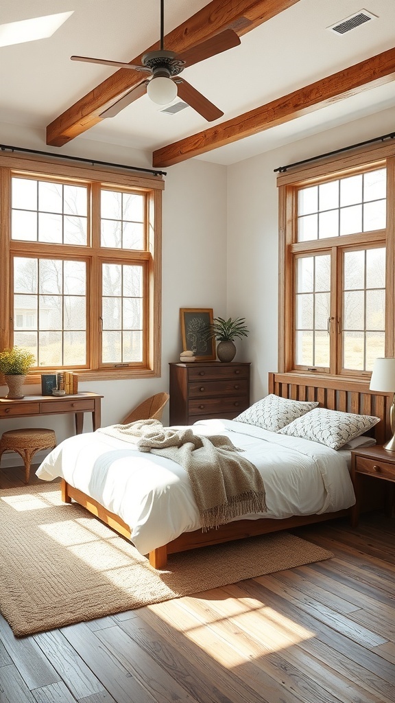 A rustic farmhouse bedroom with large windows allowing natural light to fill the space, featuring wooden beams and cozy furnishings.