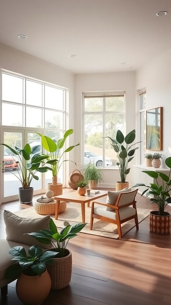Bright foyer with large windows, plants, and modern furniture.