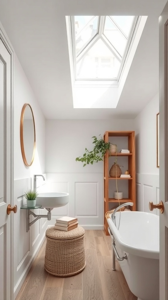 A bright small bathroom featuring a skylight, a minimalist sink, and wooden accents.