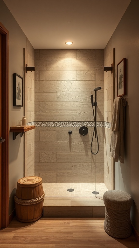 A cozy stand-up shower featuring natural stone tiles and wooden accents in a small bathroom setting.