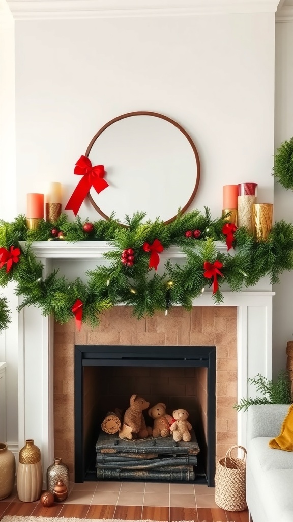 A beautifully decorated mantel with natural pine garland, red bows, candles, and teddy bears.