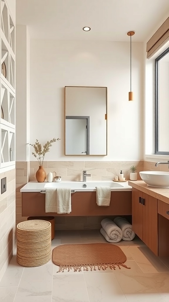 A modern bathroom featuring natural stone accents, wooden cabinetry, and a serene atmosphere.