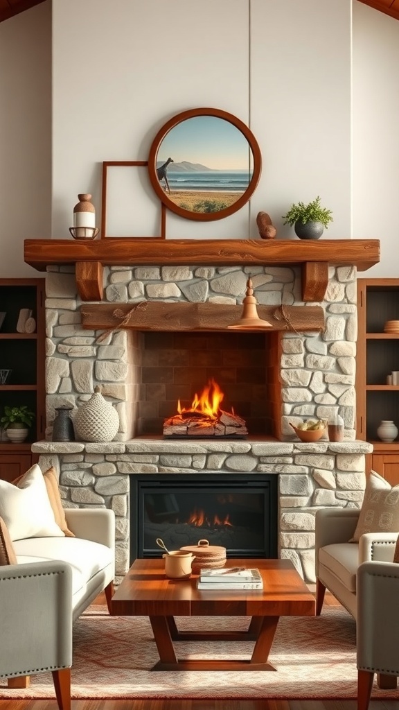 A rustic fireplace mantel featuring natural stone and a wooden beam, with a cozy fire burning.