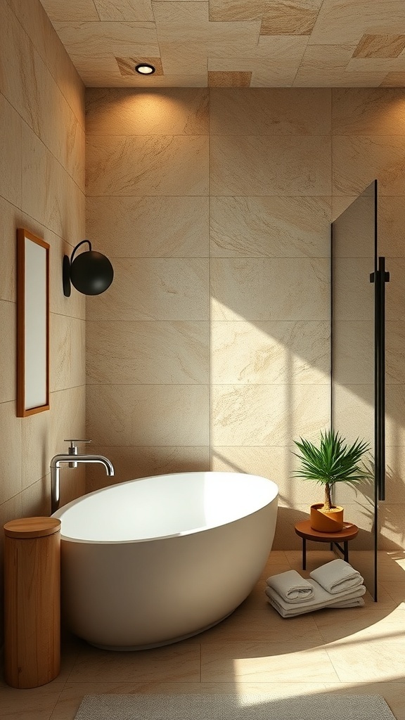 A rustic bathroom featuring natural stone accents, a freestanding bathtub, wooden elements, and warm lighting.