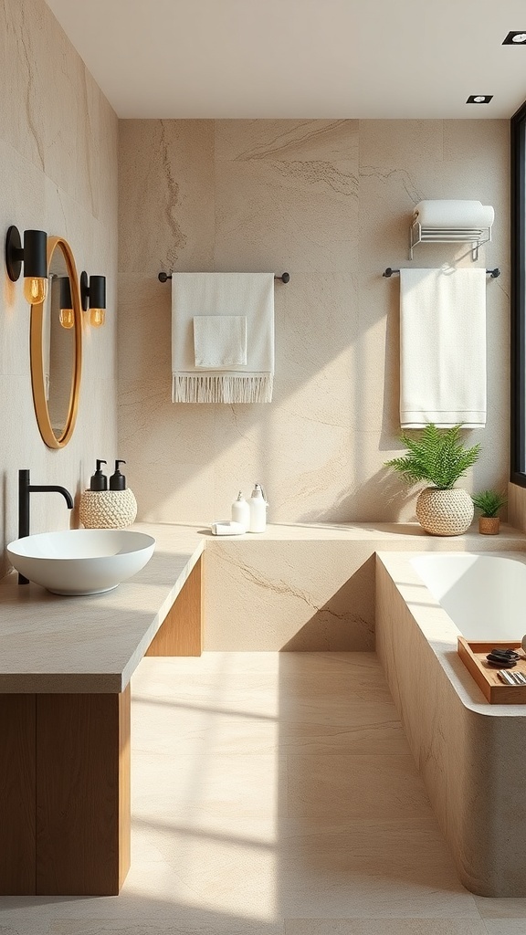 A modern bathroom with natural stone walls, a large bathtub, and stylish fixtures.