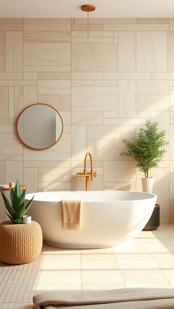 A modern bathroom featuring a natural stone accent wall, a freestanding bathtub, and plants.
