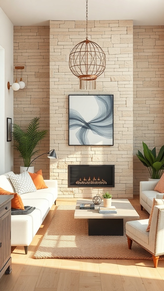 Cozy living room with natural stone and brick accents, featuring a modern design and warm colors.