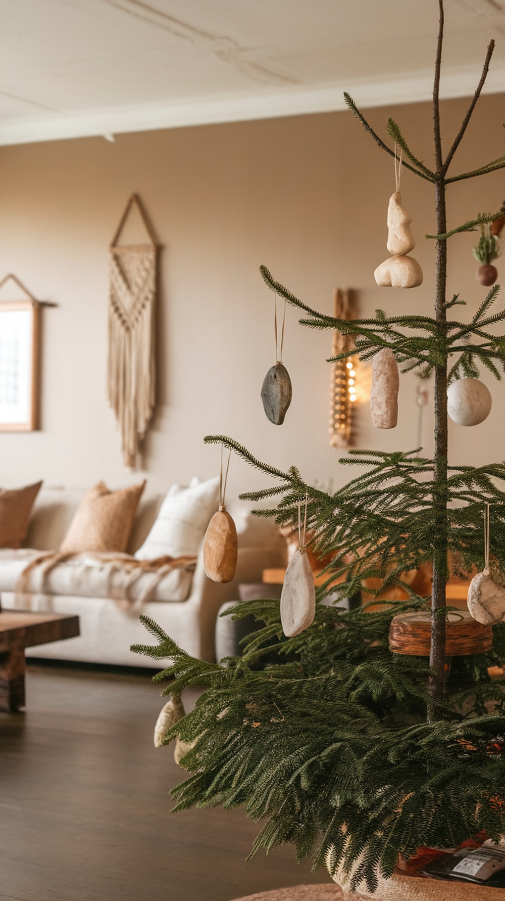 A Christmas tree decorated with natural stone and wood ornaments in a cozy living room.