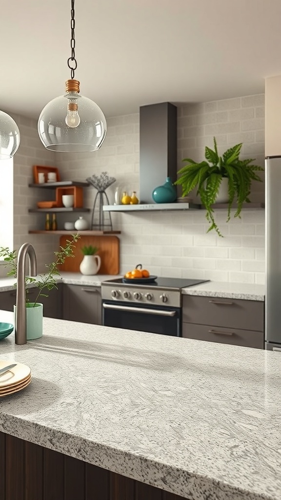 A modern rustic kitchen featuring a natural stone countertop, dark cabinetry, and decorative plants.
