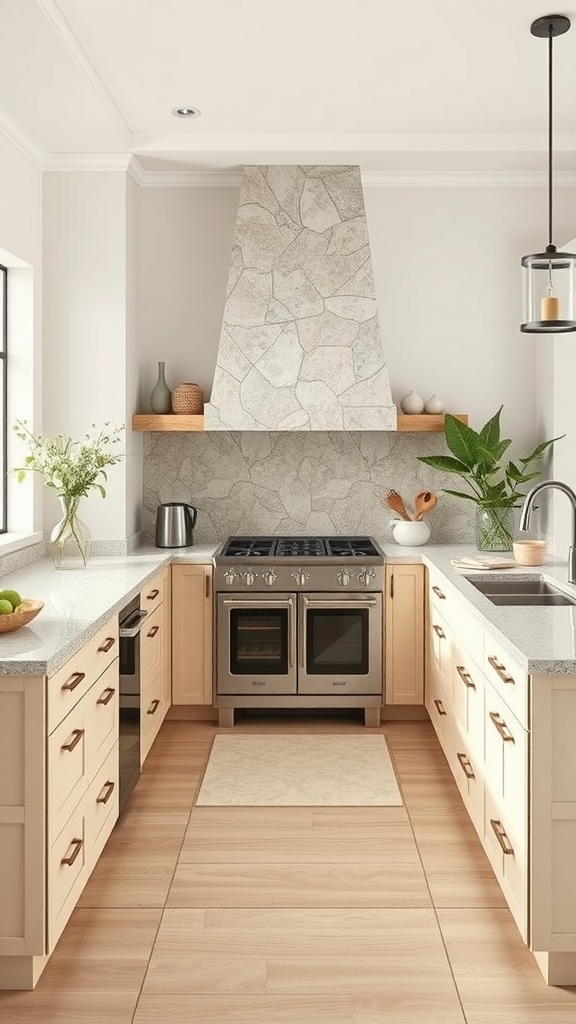 A modern kitchen featuring natural stone elements, light wood cabinetry, and plants.
