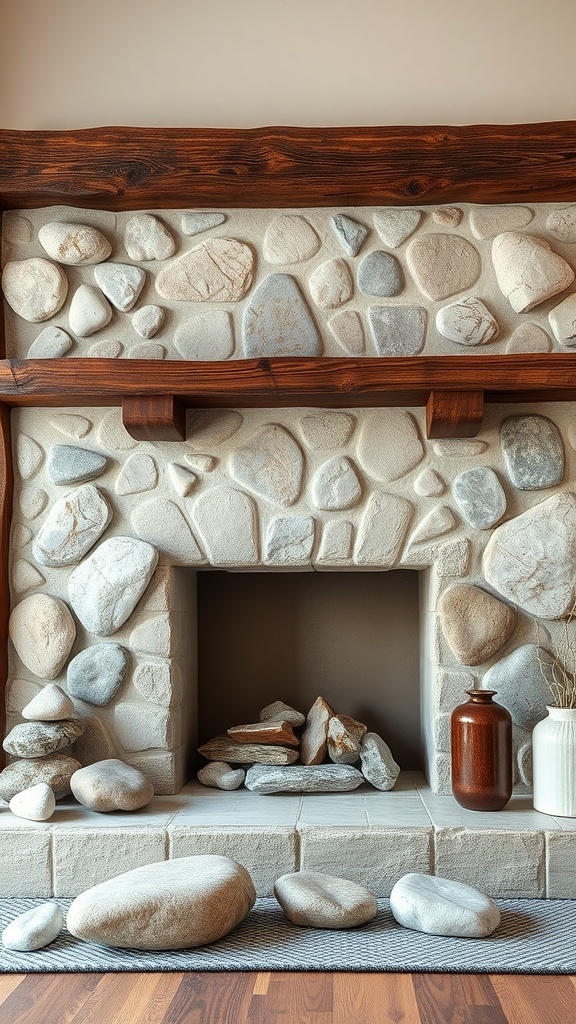 A rustic stone fireplace with a mix of smooth and textured stones, featuring a wooden mantel and decorative items.