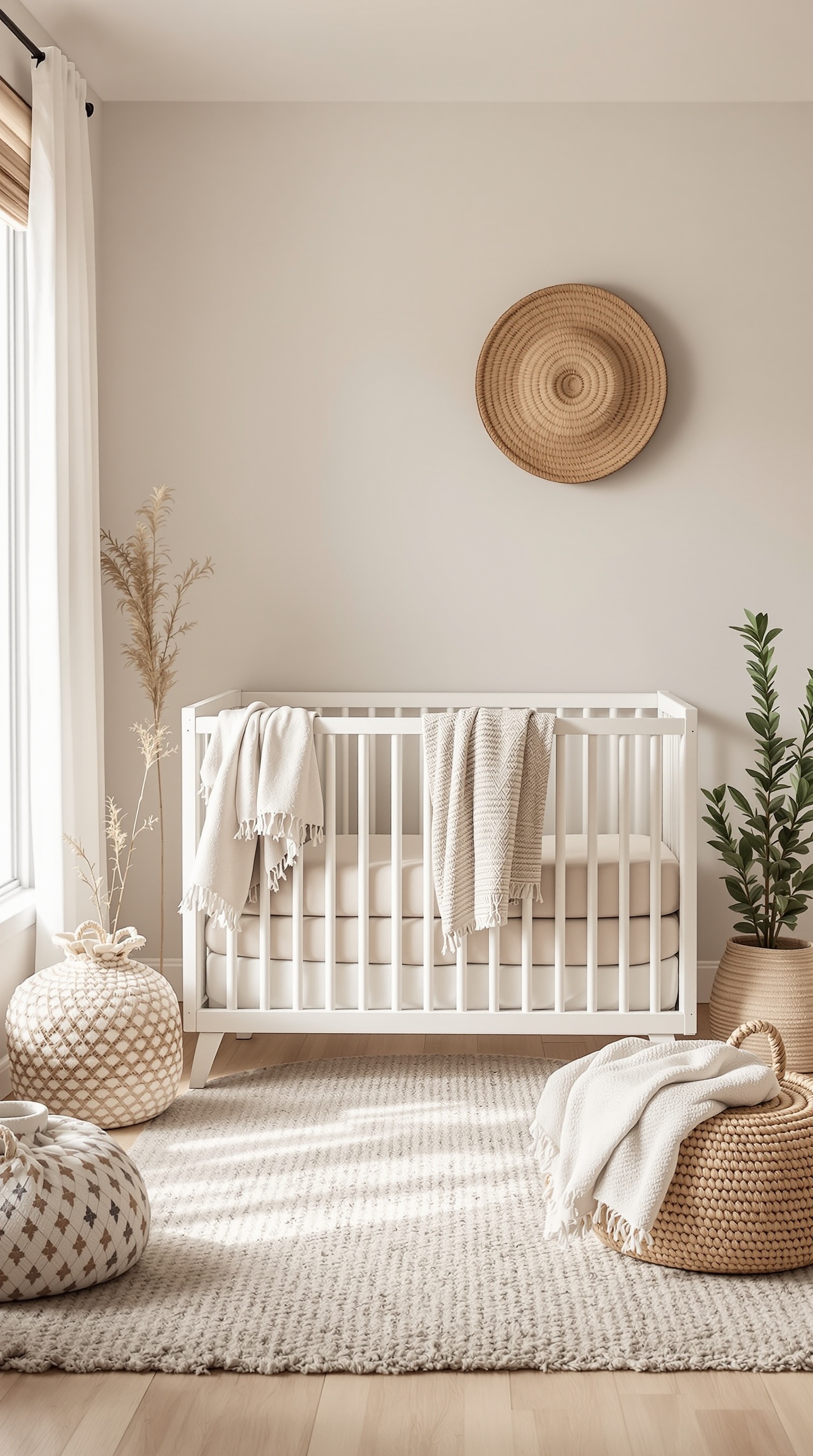A cozy boho baby nursery featuring a white crib, natural textiles, and earthy tones.