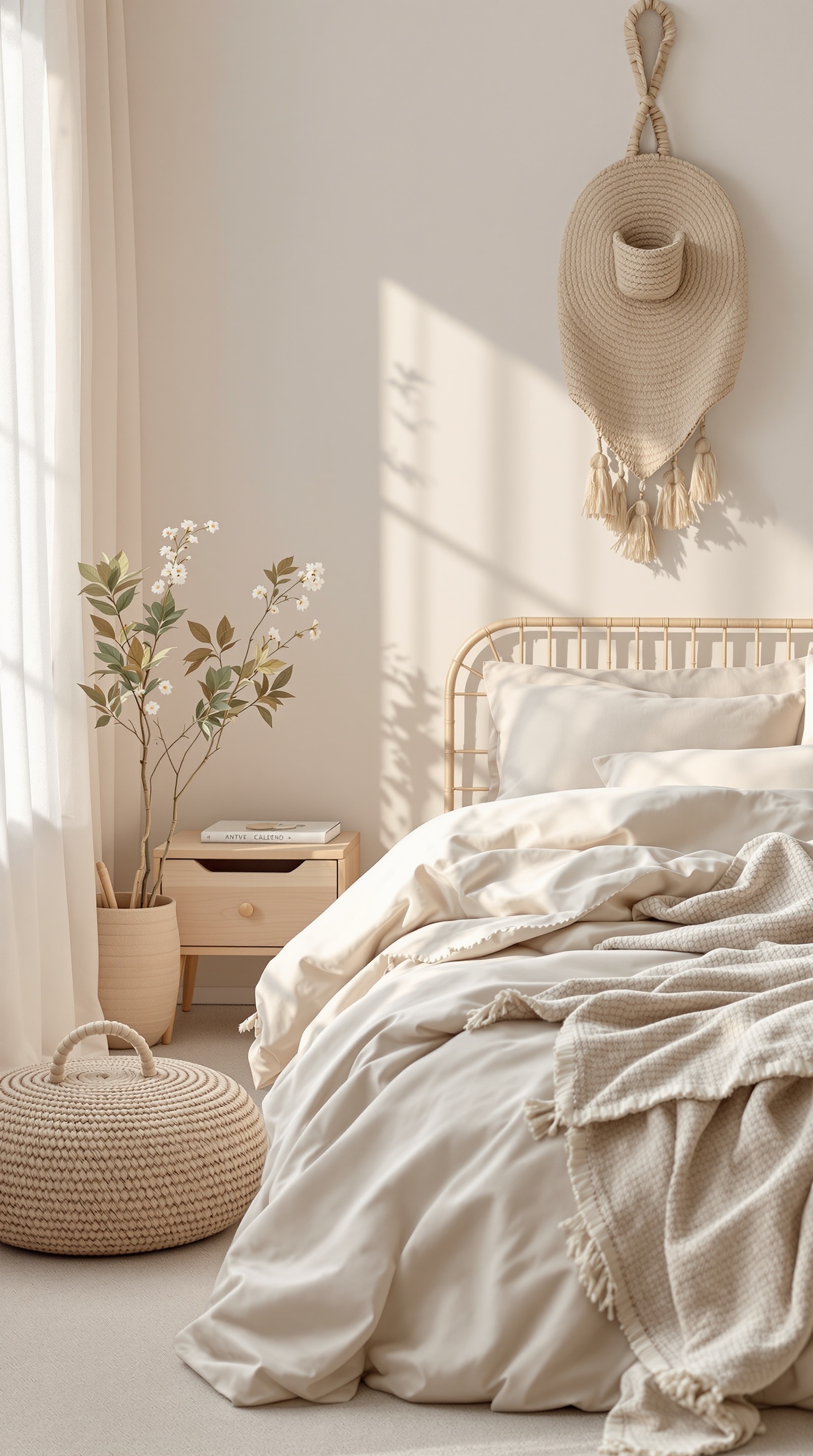 A cozy Japandi kids room featuring natural textiles, soft bedding, and decorative elements.