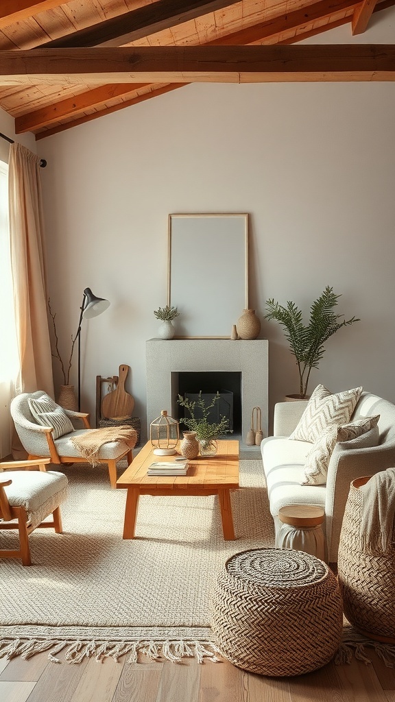 A rustic living room featuring natural textiles and fabrics, with a cozy atmosphere.