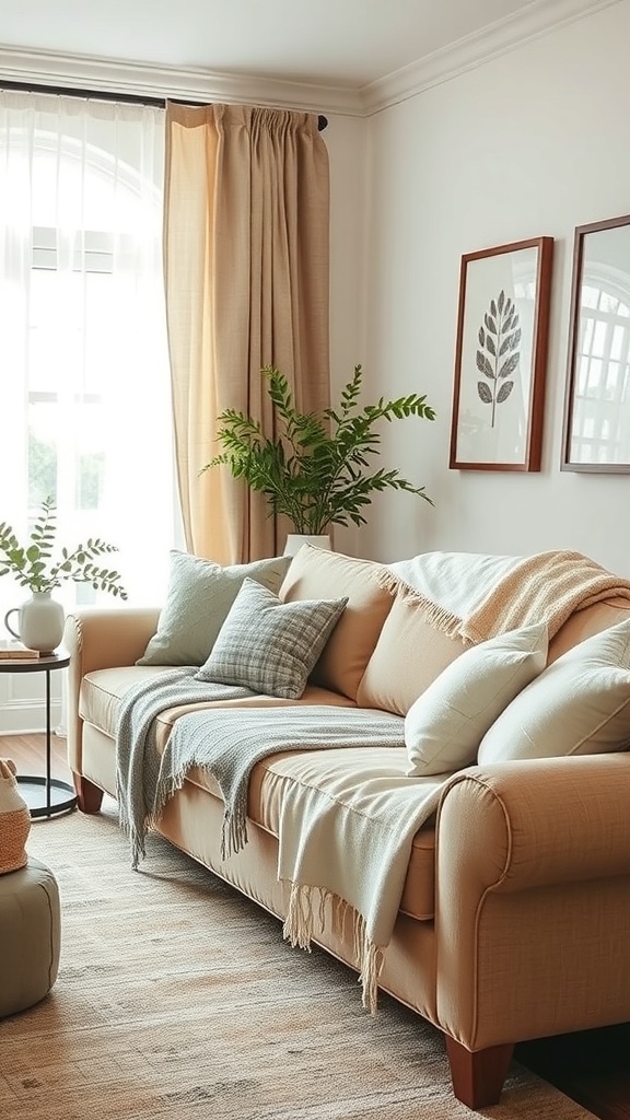 Cozy living room with a beige sofa, cushions, throw blankets, and a plant.