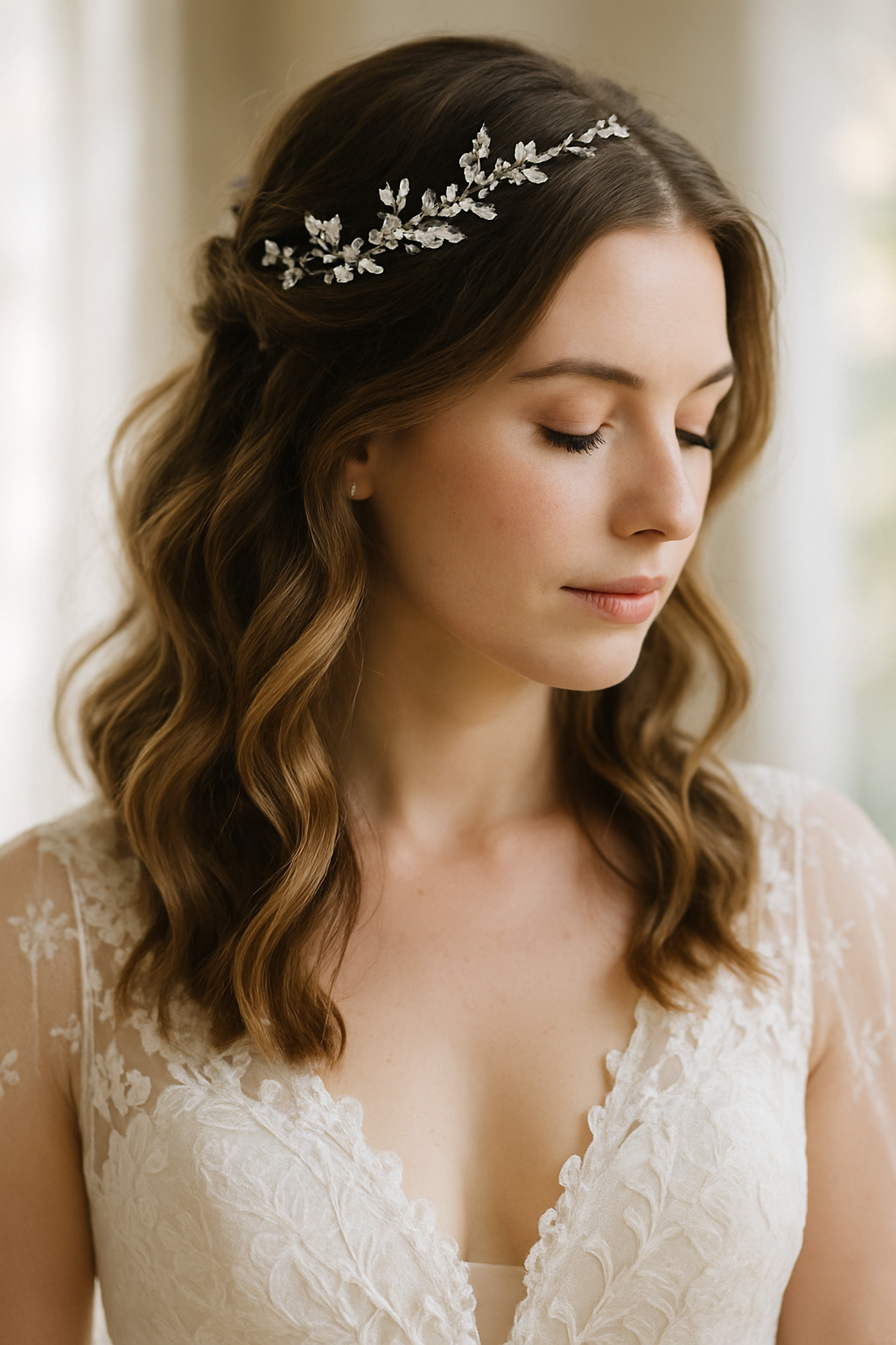 Bride with natural waves and a delicate hair vine