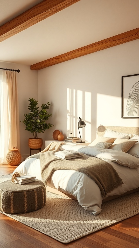 A cozy bedroom featuring wooden beams, neutral bedding, and natural decor elements.