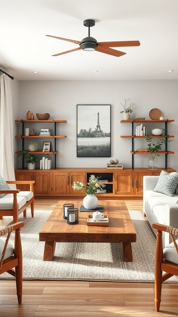 Cozy living room with natural wood furniture and accents