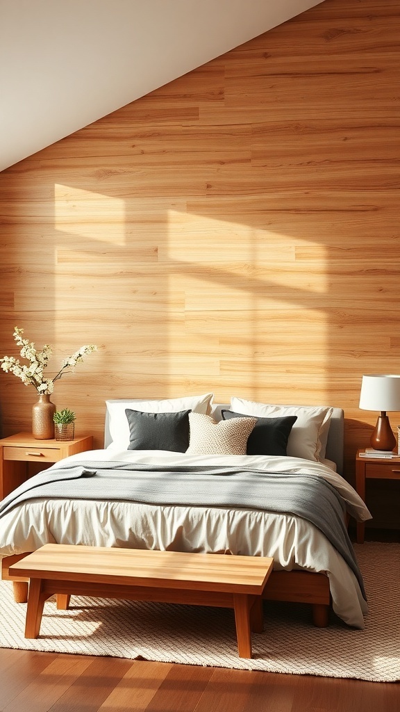 Cozy farmhouse bedroom with natural wood accents, featuring a wooden wall, a bed with soft linens, and wooden nightstands.