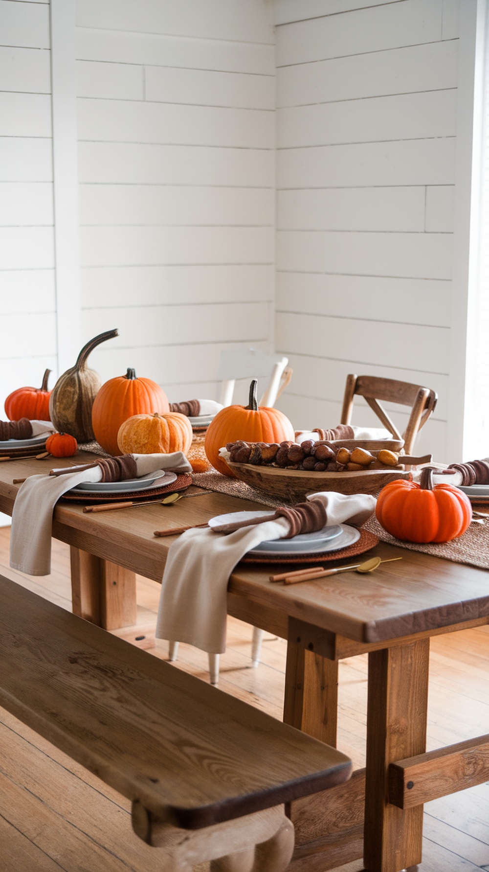 A rustic Thanksgiving table setting featuring natural wood accents, pumpkins, and simple tableware.