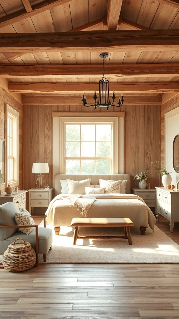 A rustic farmhouse bedroom featuring natural wood accents, wooden beams, and cozy decor.