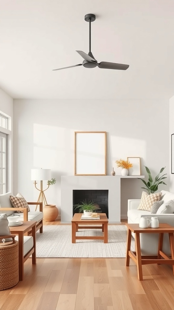A cozy living room featuring natural wood accents with light wood furniture, neutral colors, and plants.