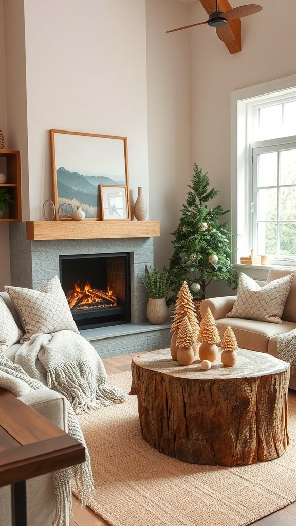 Cozy living room with natural wood accents and rustic Christmas decor