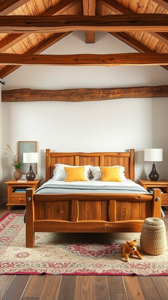 Rustic bedroom with natural wood accents, featuring a wooden bed, exposed beams, and warm decor.