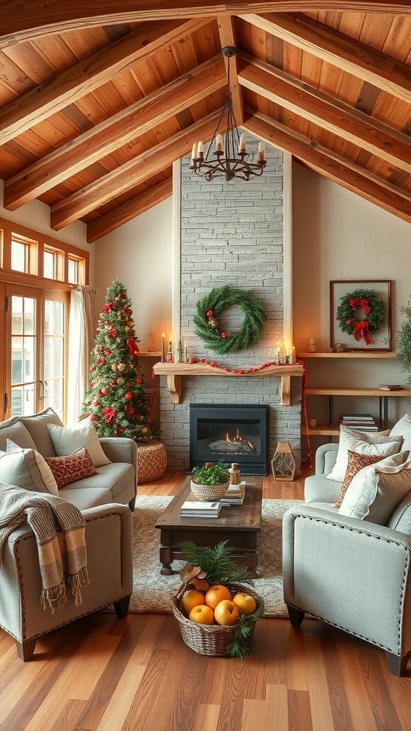Cozy living room with wooden accents, decorated for Christmas