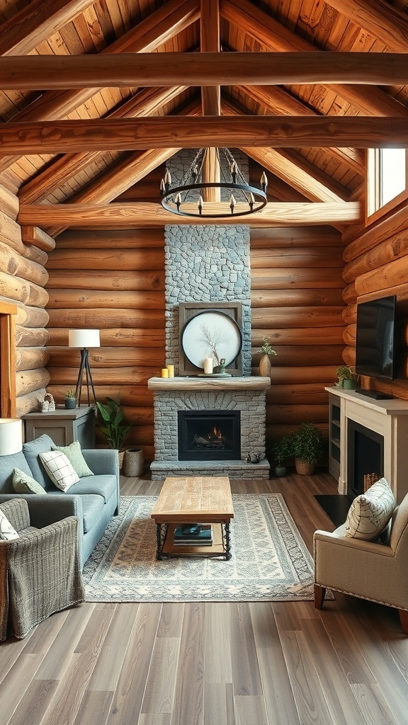 Cozy rustic cabin interior with wooden beams, stone fireplace, and comfortable seating.