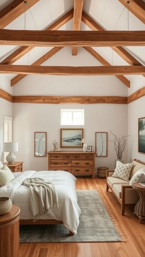 A rustic bedroom featuring natural wood accents, including exposed beams, wooden furniture, and warm wooden flooring.