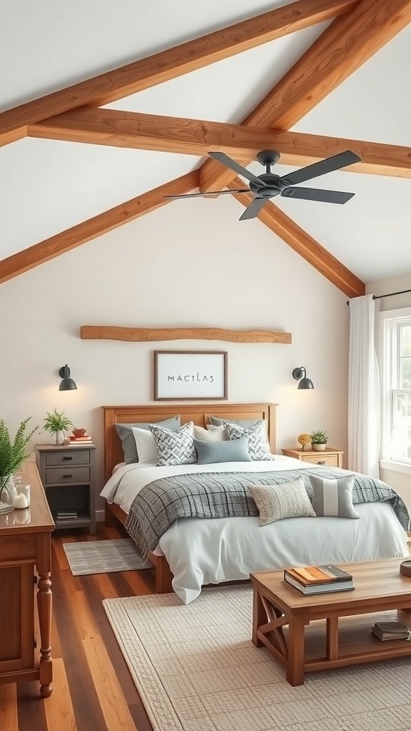 A rustic farmhouse bedroom featuring natural wood accents, including exposed beams and wooden furniture.