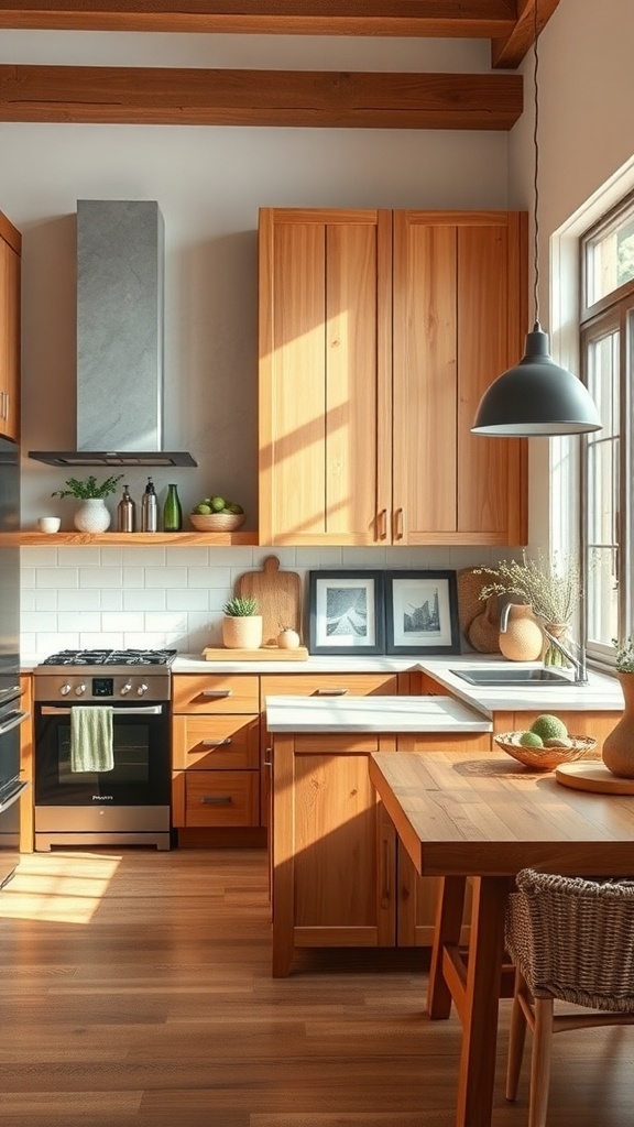 A rustic modern kitchen featuring natural wood cabinets, countertops, and beams, with sunlight illuminating the space.