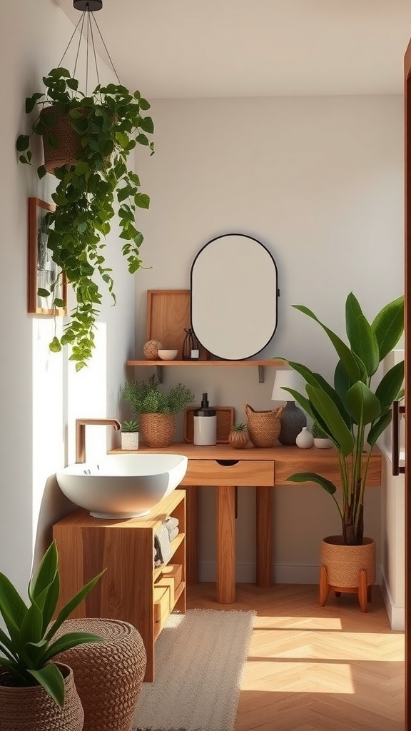 A Japandi bathroom featuring natural wood accents, plants, and a minimalist design.