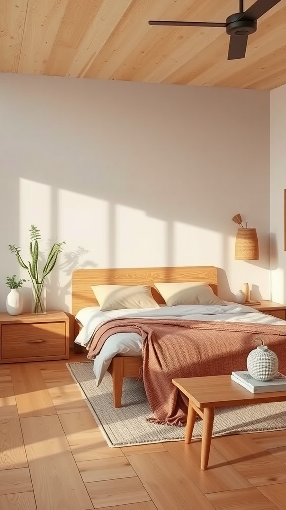 A warm bedroom featuring natural wood accents, including a wooden bed frame, nightstands, and ceiling beams, with a cozy atmosphere.