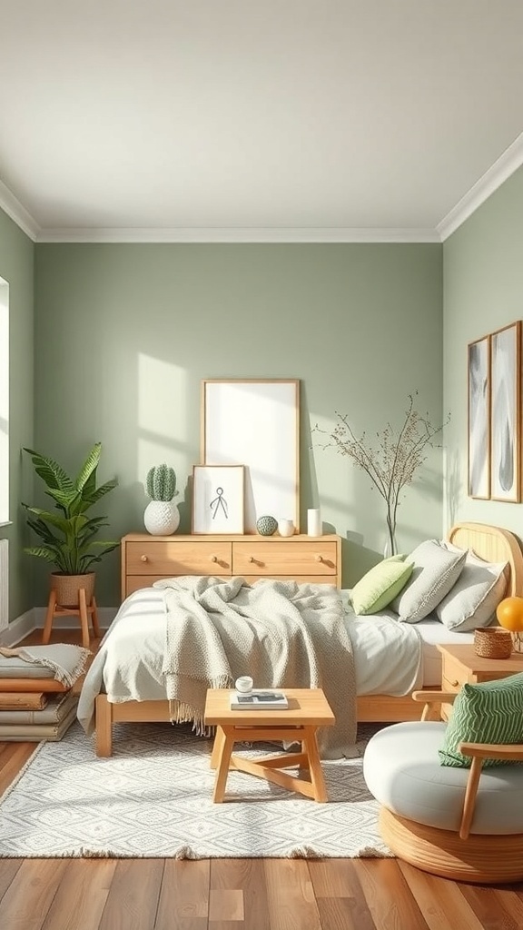 A light green bedroom featuring natural wood furniture and accents.