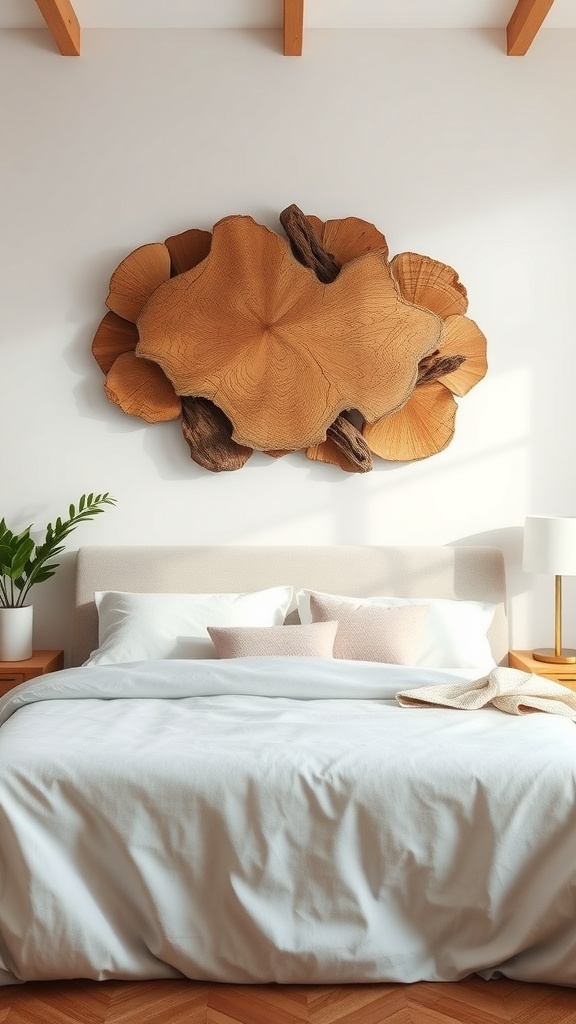 Natural wood wall art piece above a bed in a cozy bedroom setting