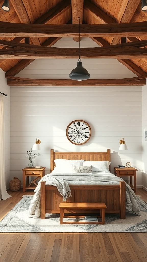 A vintage farmhouse bedroom with natural wood beams and a cozy atmosphere.