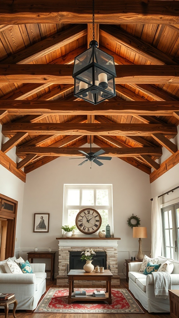 Interior of a rustic cottage with natural wood beams and cozy furnishings.
