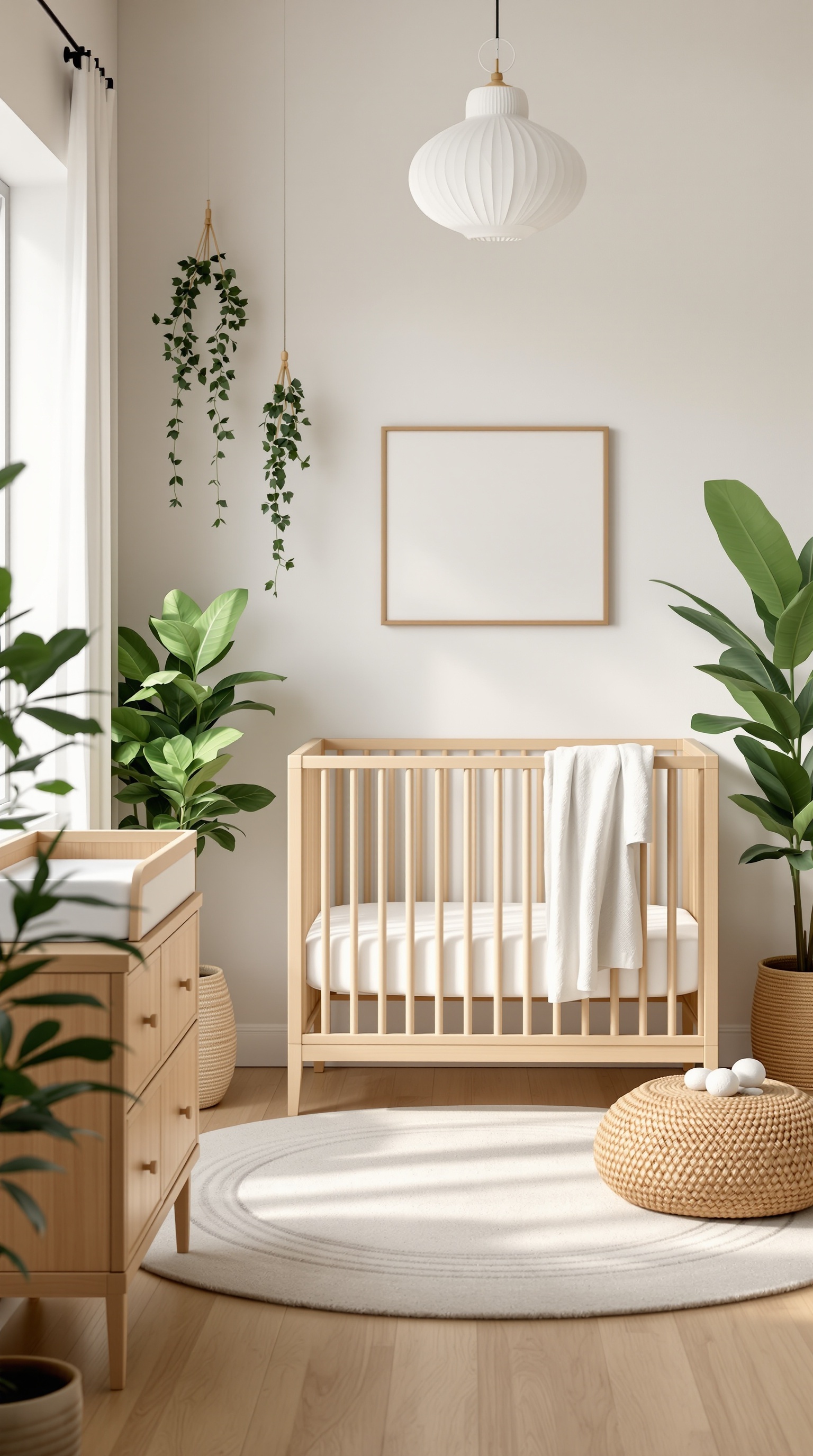 A cozy nursery with a natural wood crib, dresser, plants, and soft lighting.