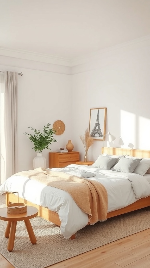 A cozy bedroom featuring natural wood elements, a wooden bed frame, and soft textiles.