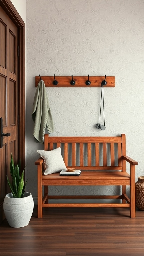 A rustic entryway featuring a wooden bench, coat rack, and potted plant.