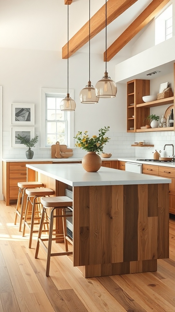 A modern kitchen featuring natural wood elements in the island, cabinetry, and beams.