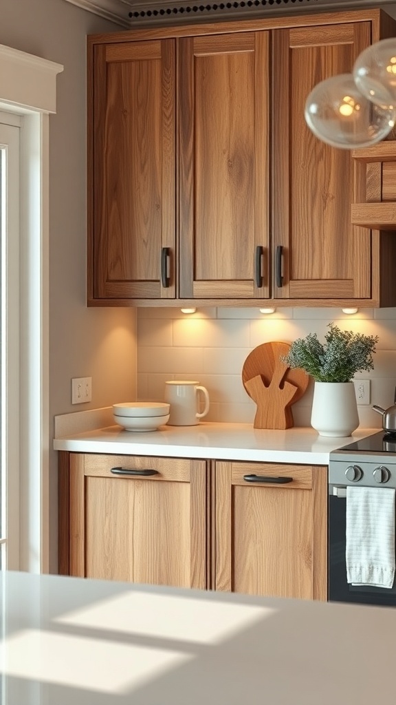Rustic kitchen cabinets with natural wood finishes, showcasing warm tones and simple design.