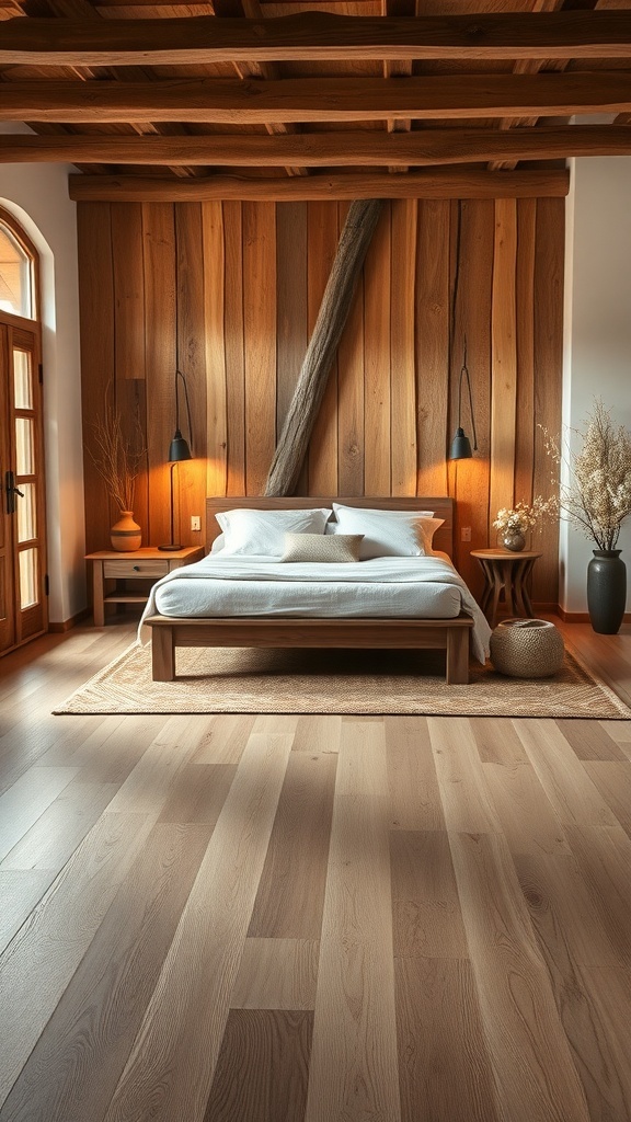 A rustic romantic bedroom featuring natural wood flooring, wooden walls, and a cozy bed.