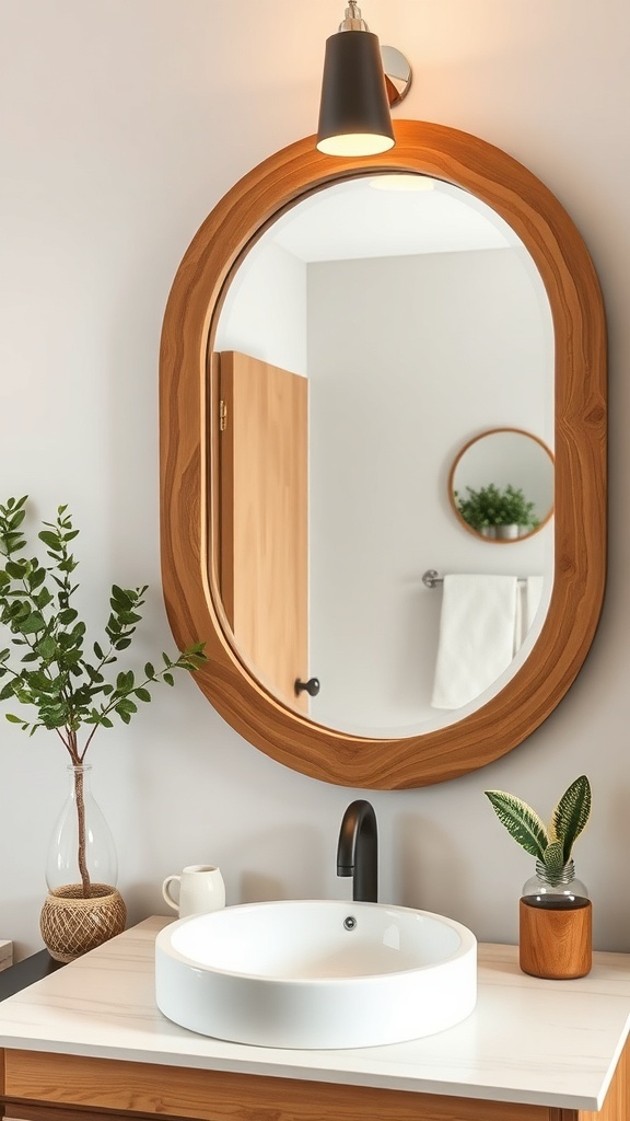 A bathroom with a round mirror framed in natural wood, a modern sink, and decorative plants.