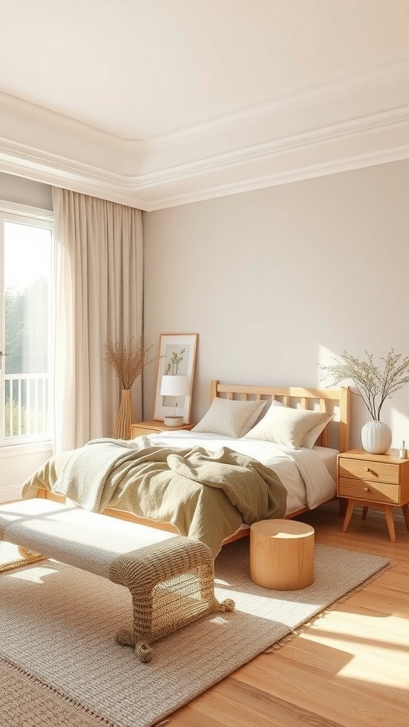 A cozy beige bedroom featuring natural wood furniture, a wooden bed frame, woven bench, and soft green bedding.