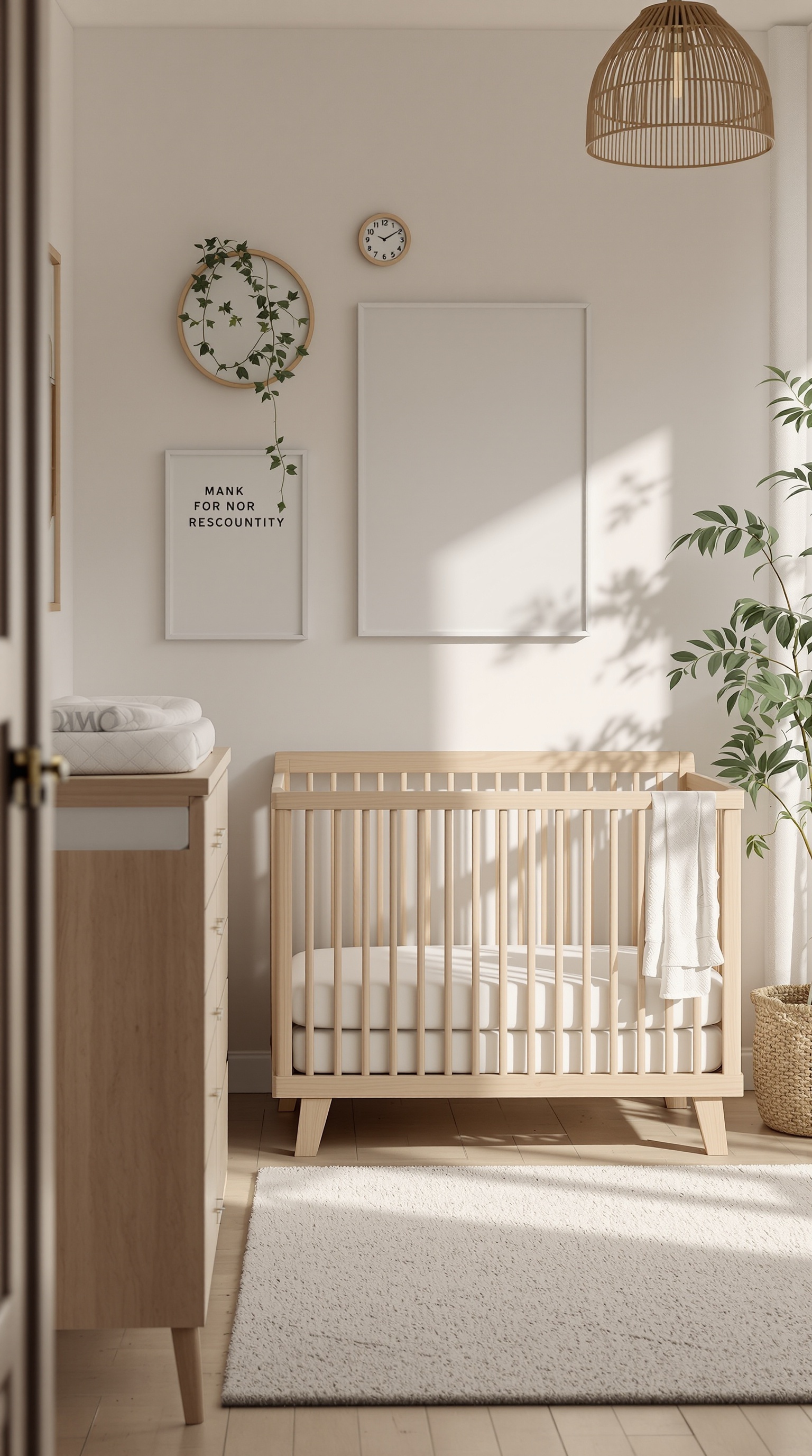 A neutral baby nursery featuring natural wood furniture, a crib, and a dresser, with soft bedding and a plant.