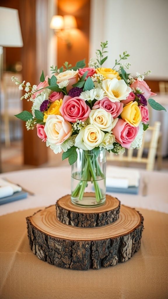 A stunning bouquet of roses in a glass vase atop a natural wood slice, creating a rustic wedding centerpiece.
