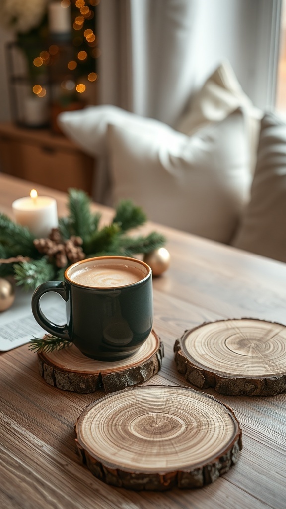 A cozy table setting featuring natural wood slice coasters with a cup of coffee, surrounded by holiday decorations.